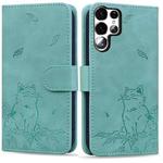 For Samsung Galaxy S23 Ultra 5G Cute Cat Embossed Leather Phone Case(Green)