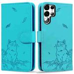 For Samsung Galaxy S23 Ultra 5G Cute Cat Embossed Leather Phone Case(Lake Blue)