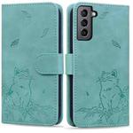 For Samsung Galaxy S22 5G Cute Cat Embossed Leather Phone Case(Green)