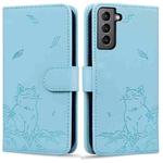 For Samsung Galaxy S22 5G Cute Cat Embossed Leather Phone Case(Sky Blue)