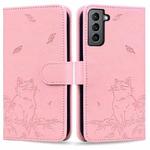 For Samsung Galaxy S22 5G Cute Cat Embossed Leather Phone Case(Pink)