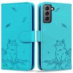 For Samsung Galaxy S22+ 5G Cute Cat Embossed Leather Phone Case(Lake Blue)