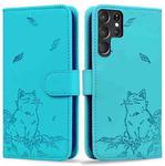 For Samsung Galaxy S22 Ultra 5G Cute Cat Embossed Leather Phone Case(Lake Blue)