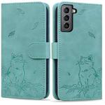 For Samsung Galaxy S21 5G Cute Cat Embossed Leather Phone Case(Green)