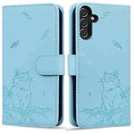 For Samsung Galaxy S24 FE 5G Cute Cat Embossed Leather Phone Case(Sky Blue)