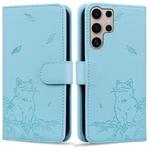 For Samsung Galaxy S25 Ultra 5G Cute Cat Embossed Leather Phone Case(Sky Blue)