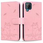 For Samsung Galaxy A12 Cute Cat Embossed Leather Phone Case(Pink)