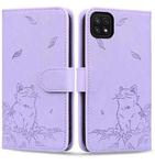 For Samsung Galaxy A22 5G Cute Cat Embossed Leather Phone Case(Purple)