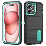 For iPhone 15 Pro Max Defender Gen2 Rugged PC + Silicone Phone Case with Holder(Black+Cyan)