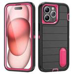 For iPhone 15 Pro Defender Gen2 Rugged PC + Silicone Phone Case with Holder(Black+Pink)