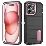 For iPhone 15 Pro Defender Gen2 Rugged PC + Silicone Phone Case with Holder(Black+Light Pink)