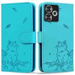 For Xiaomi Poco F6 Cute Cat Embossed Leather Phone Case(Lake Blue)