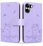 For Xiaomi Poco C65 Cute Cat Embossed Leather Phone Case(Purple)