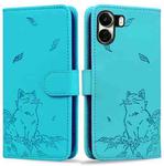 For Xiaomi Poco C65 Cute Cat Embossed Leather Phone Case(Lake Blue)