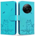 For Redmi A3 Cute Cat Embossed Leather Phone Case(Lake Blue)