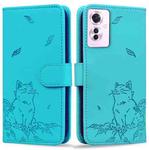 For OPPO Reno11 F 5G Cute Cat Embossed Leather Phone Case(Lake Blue)