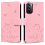 For OPPO Reno12 5G Global Cute Cat Embossed Leather Phone Case(Pink)