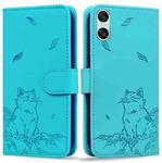 For Sony Xperia 10 VI Cute Cat Embossed Leather Phone Case(Lake Blue)