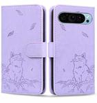 For Google Pixel 9 / 9 Pro Cute Cat Embossed Leather Phone Case(Purple)