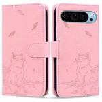 For Google Pixel 9 / 9 Pro Cute Cat Embossed Leather Phone Case(Pink)