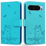 For Google Pixel 9 / 9 Pro Cute Cat Embossed Leather Phone Case(Lake Blue)