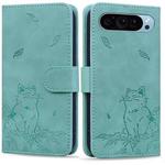 For Google Pixel 9 Pro XL Cute Cat Embossed Leather Phone Case(Green)