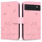 For Google Pixel 8 Pro Cute Cat Embossed Leather Phone Case(Pink)