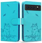 For Google Pixel 8 Pro Cute Cat Embossed Leather Phone Case(Lake Blue)