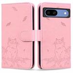 For Google Pixel 8a Cute Cat Embossed Leather Phone Case(Pink)