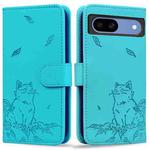 For Google Pixel 8a Cute Cat Embossed Leather Phone Case(Lake Blue)