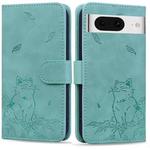 For Google Pixel 8 Cute Cat Embossed Leather Phone Case(Green)