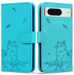 For Google Pixel 8 Cute Cat Embossed Leather Phone Case(Lake Blue)