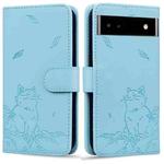 For Google Pixel 7a Cute Cat Embossed Leather Phone Case(Sky Blue)