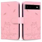 For Google Pixel 7a Cute Cat Embossed Leather Phone Case(Pink)