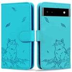 For Google Pixel 7a Cute Cat Embossed Leather Phone Case(Lake Blue)