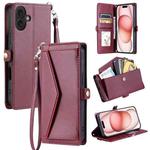 For iPhone 16 Plus Wallet Multi-card Slot Leather Phone Case with Lanyard(Wine Red)