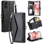 For iPhone 16 Plus Wallet Multi-card Slot Leather Phone Case with Lanyard(Black)