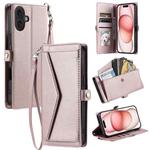 For iPhone 16 Wallet Multi-card Slot Leather Phone Case with Lanyard(Rose Gold)