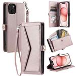 For iPhone 14 Wallet Multi-card Slot Leather Phone Case with Lanyard(Rose Gold)