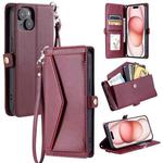 For iPhone 14 Wallet Multi-card Slot Leather Phone Case with Lanyard(Wine Red)