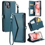 For iPhone 14 Wallet Multi-card Slot Leather Phone Case with Lanyard(Green)