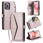 For iPhone 16 Pro Wallet Multi-card Slot Leather Phone Case with Lanyard(Rose Gold)