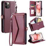 For iPhone 12 Pro Max Wallet Multi-card Slot Leather Phone Case with Lanyard(Wine Red)