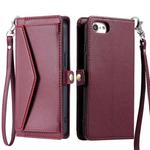 For iPhone SE 2022 / SE 2020 / 7 / 8 Wallet Multi-card Slot Leather Phone Case with Lanyard(Wine Red)