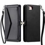 For iPhone SE 2022 / SE 2020 / 7 / 8 Wallet Multi-card Slot Leather Phone Case with Lanyard(Black)