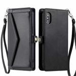 For iPhone XS Max Wallet Multi-card Slot Leather Phone Case with Lanyard(Black)