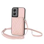 For Motorola Moto G Stylus 5G 2024 Rhombic Texture Card Bag RFID Phone Case with Long Lanyard(Rose Gold)