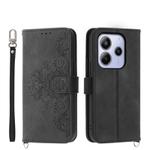 For Redmi Note 14 4G 163.25mm Global Skin Feel Flowers Embossed Wallet Leather Phone Case(Black)