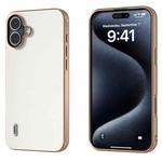 For iPhone 16 Plus ABEEL Electroplated Frame Genuine Leather Elegant Phone Case(White)