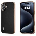 For iPhone 16 Plus ABEEL Electroplated Frame Genuine Leather Elegant Phone Case(Black)